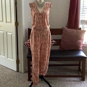 pink, blush print jogger jumpsuit